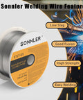 Three Packs Two Pound 0.035 Flux Core MIG Welding Wire For E71TGS Mild Steel. Image shows spool with welding features listed.