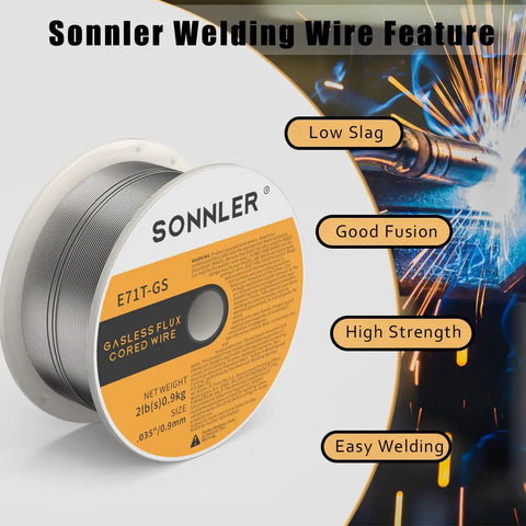 Three Packs Two Pound 0.035 Flux Core MIG Welding Wire For E71TGS Mild Steel. Image shows spool with welding features listed.