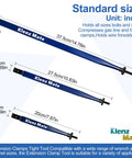 Offset Extension Wrench And Three Length Extension Clamps Set with inch measurements and Klenz Mate brand logo.