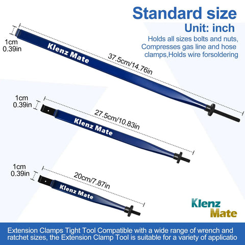 Offset Extension Wrench And Three Length Extension Clamps Set with inch measurements and Klenz Mate brand logo.