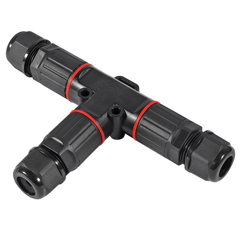 2 Pack Waterproof IP68 Outdoor Wire Connector Two Pin Junction Box Two Way T Shape Cable Connector For AWG 28 Through 12 Wire Rated AC 250V 24A Weatherproof Electrical Junction Box - black T-shaped connector with red rings