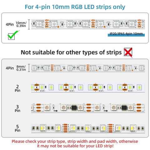 Comparison of 4 pin 10mm RGB LED strips with various pin and width options for Plug And Play 10 Pack 4 Pin 10mm LED Strip Connectors.