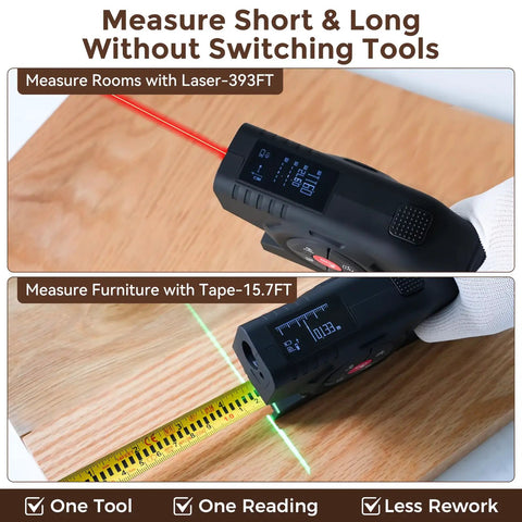 Hella Precise 393Ft Digital Tape Measure And 3 In 1 Laser Ruler With 16 Ft Steel Blade For No Sweat Area Volume Pythagorean Readings Built Tough For Diy Crews And Job Site Renos