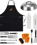 Professional 22 Piece Griddle And BBQ Tool Kit Stainless Steel Dishwasher Safe displayed on white background with accessories.