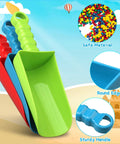 Big 9 Inch Beach Sand Shovels Set For Kids And Adults, colorful spade and scoop tools with eco-friendly ABS material on sandy background