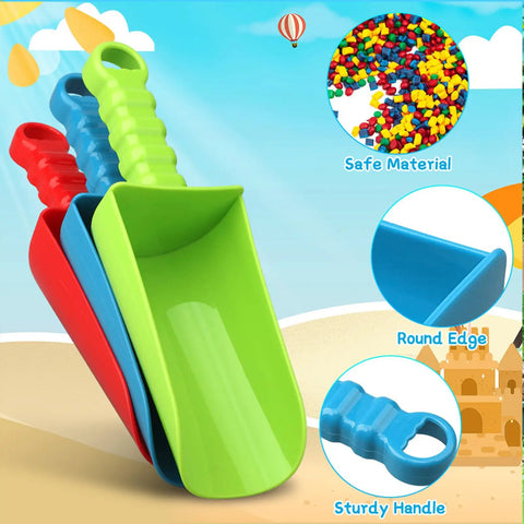 Big 9 Inch Beach Sand Shovels Set For Kids And Adults, colorful spade and scoop tools with eco-friendly ABS material on sandy background