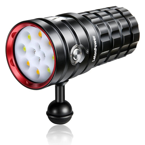 Beast Bright 25000 Lumens Underwater Dive Light with 100m Depth, Video Ready Scuba Torch in black and red metal casing, Type C Charging