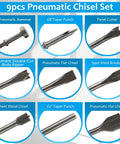 Nine Piece Pneumatic Air Hammer Chisel Set With Heat Treated Carbon Steel Bits For Tile Masonry Concrete Brick Stone Work Includes Nine Differently Shaped Pro Grade Chisels For Heavy Duty Demolition And Prep, displayed with labels and images of each chisel type.