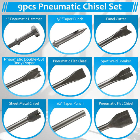 Nine Piece Pneumatic Air Hammer Chisel Set With Heat Treated Carbon Steel Bits For Tile Masonry Concrete Brick Stone Work Includes Nine Differently Shaped Pro Grade Chisels For Heavy Duty Demolition And Prep, displayed with labels and images of each chisel type.