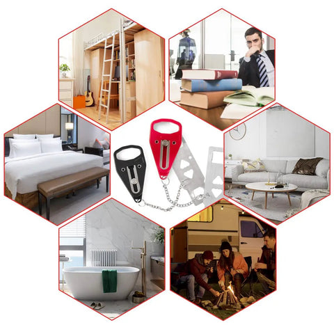 Portable Door Lock Security Kit For Travel And Airbnb Extra Privacy And Safety In Hotels Homes And Apartments Keeps Doors From Being Opened From Outside 2 Pack with lifestyle images of use.