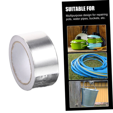 Leak Proof Repair Tape For Outdoor And Indoor Use Waterproof Sealant Tape For Roofs Pipes Pots Buckets Radiators And More Quick Patch Job Heavy Duty Seam Tape displayed with uses on pots, hoses, and buckets.