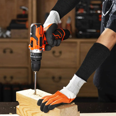 Person using a drill while wearing Solid Cut Resistant Forearm Sleeves With A Grippy Nonslip Fit And Thick Reinforced Seaming.