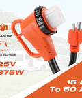 Overload Protected Heavy Duty RV Power Adapter Cord 50 Amp To 110 Volt With Built In 15 Amp Circuit Breaker NEMA 5 15P To SS2 50R