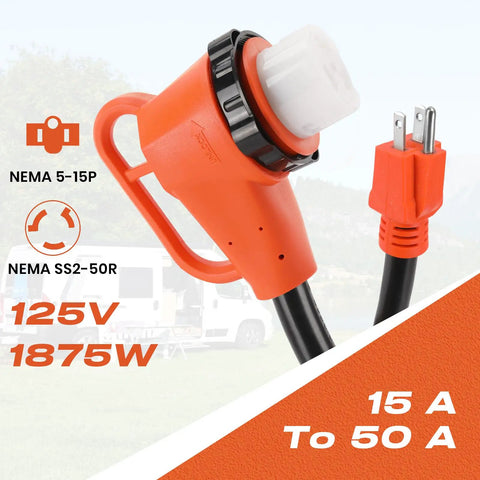 Overload Protected Heavy Duty RV Power Adapter Cord 50 Amp To 110 Volt With Built In 15 Amp Circuit Breaker NEMA 5 15P To SS2 50R
