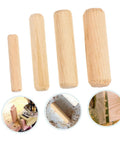 Four wooden dowels with fluted grooves from the Wood Dowel Pin Kit 500 Pcs Fluted Beveled Hardwood Connectors for Furniture Assembly