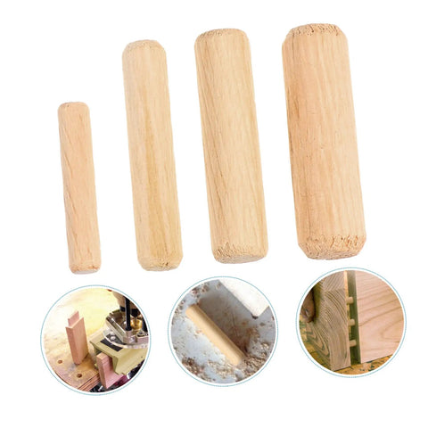 Four wooden dowels with fluted grooves from the Wood Dowel Pin Kit 500 Pcs Fluted Beveled Hardwood Connectors for Furniture Assembly