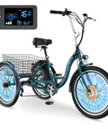 Three Wheel Electric Trike For Adults And Seniors With Easy Step-Through Frame And Upright Ride, 24 And 26 Inch Wheels, Peacock Green, display and basket