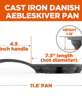 Side view of seven section cast iron Danish aebleskiver pan for mini puffs and pancake balls preseasoned heats evenly on all cooktops.