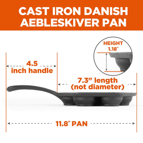 Side view of seven section cast iron Danish aebleskiver pan for mini puffs and pancake balls preseasoned heats evenly on all cooktops.