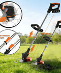 Cordless 21V Weed Trimmer With Dual 2000mAh Batteries and Charger, adjustable length, lightweight brush cutter in garden setting.