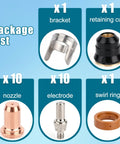 IPT60 Plasma Cutter Consumables Kit 23 Piece Replacement Set With Electrodes Nozzles Swirl Ring Retaining Cap Stand Off For ARCCAPTAIN CUT55 Non HF CUT60 Non HF Compatibility product components displayed.