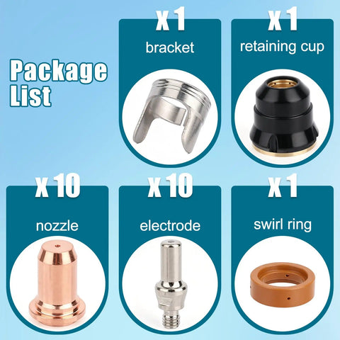 IPT60 Plasma Cutter Consumables Kit 23 Piece Replacement Set With Electrodes Nozzles Swirl Ring Retaining Cap Stand Off For ARCCAPTAIN CUT55 Non HF CUT60 Non HF Compatibility product components displayed.