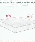 Diagram of 19x19 Inch Water Resistant Outdoor Chair Cushions Set Of 2, showcasing beige tufted design with tie straps and dimensions.