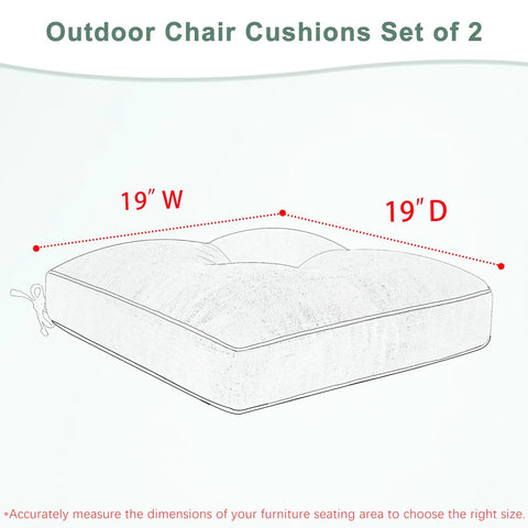 Diagram of 19x19 Inch Water Resistant Outdoor Chair Cushions Set Of 2, showcasing beige tufted design with tie straps and dimensions.