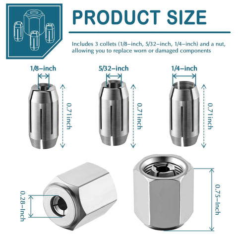 Replacement Collet And Nut Kit For Spiral Saws And Drywall Cutout Tools. Includes 1/8, 5/32, 1/4 inch collets and nut, silver finish.