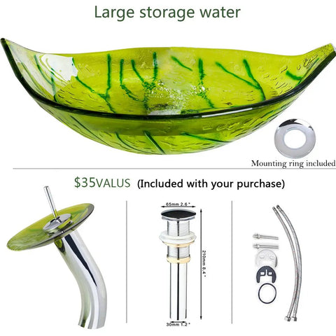 Leaf Shape Vessel Sink Set With Tempered Glass Basin And Waterfall Chrome Faucet Pop Up Drain Deck Mounted Installation