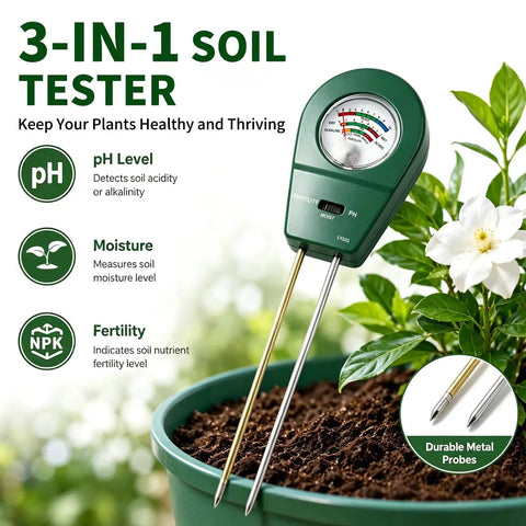 3 In 1 Soil Tester Moisture Fertility And PH Meter For Home Garden Lawn Farm Potted Plants Indoor Outdoor Use No Battery Needed Helps You Water On Time Fertilize Correctly And Balance Soil For Healthier Growth Gift For Plant Lovers, green metal probes