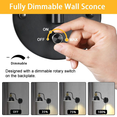 Hand adjusting dimmable switch on Two Pack Plug In Wall Sconces With Swing Arm Lamps And Dimmable Switch Farmhouse Industrial Vintage Lighting For Bedroom Reading And Living Areas Dope Look Cozy Vibe Black Finish