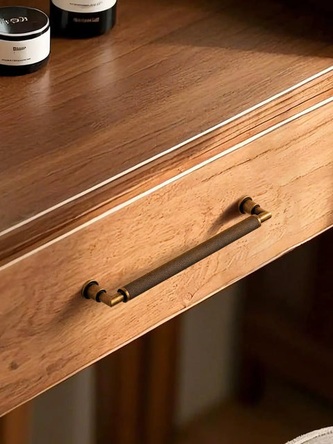 Premium Vintage Antique Brass Cabinet Pulls 10 Pack With Badass Knurled Grip And Slick Retro Style For Dresser Drawer Hardware Upgrade featuring 6.3 inch spacing on a wooden drawer.