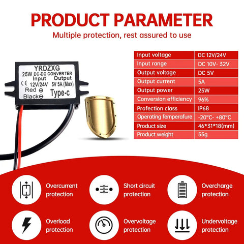 Specifications of Rugged 12V To 32V 5V 5A Type-C Buck Converter for Cars Trucks and Motorcycles, IP68, 25W Power Adapter