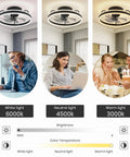 20 Inch Low Profile Ceiling Fan With Lights Dope Modern Flush Mount Dimmable LED Chandelier Glow Black 360 Degree Oscillating With Remote Ideal For Bedroom Kitchen Living Room displaying white, neutral, and warm light settings