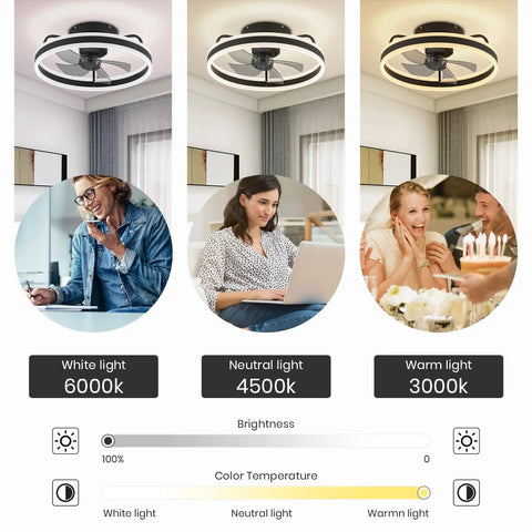 20 Inch Low Profile Ceiling Fan With Lights Dope Modern Flush Mount Dimmable LED Chandelier Glow Black 360 Degree Oscillating With Remote Ideal For Bedroom Kitchen Living Room displaying white, neutral, and warm light settings