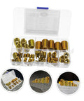 Heavy Duty Carbon Steel Thread Insert Kit 50 Pcs, Helical Thread Repair Inserts, Sleeve Set With Self Tapping Screws, Assortment Of Sizes For Damaged Threads, Durable And Reliable For Quick Fixes. Open plastic case with assorted brass thread inserts