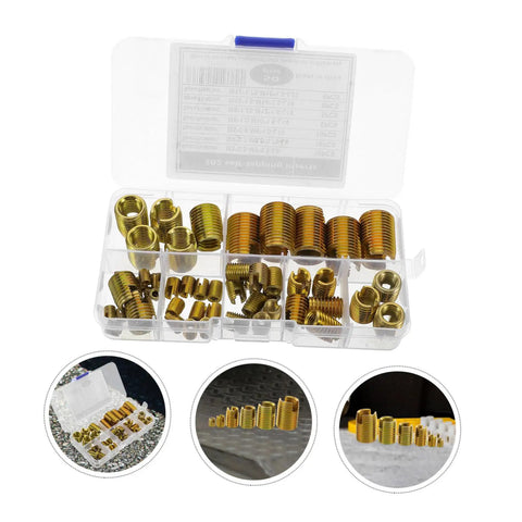 Heavy Duty Carbon Steel Thread Insert Kit 50 Pcs, Helical Thread Repair Inserts, Sleeve Set With Self Tapping Screws, Assortment Of Sizes For Damaged Threads, Durable And Reliable For Quick Fixes. Open plastic case with assorted brass thread inserts