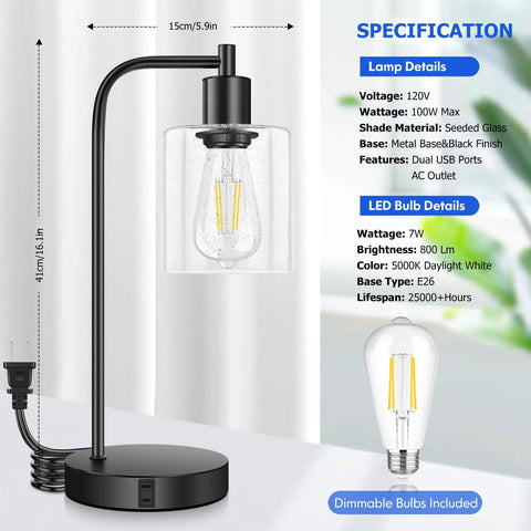 Cool Industrial Seeded Glass Table Lamps Set Of 2 With Touch Control, featuring black metal frame and LED bulb details