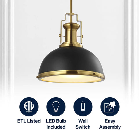 Modern Industrial 13 Inch Black And Brass Gold LED Dome Pendant Light With Adjustable Hanging Fixture for kitchen or entryway