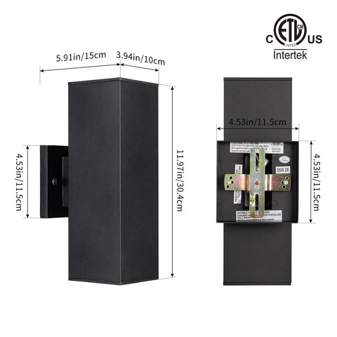 Two Pack Matte Black Outdoor Wall Sconces With Aluminum Rectangular Tube And Tempered Glass Cover IP65 Weatherproof ETL Listed