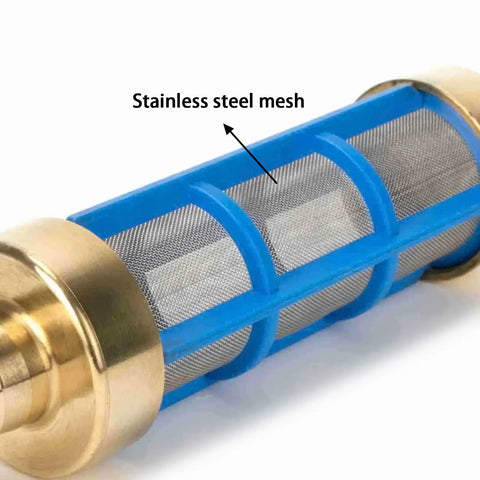 Brass Heavy Duty Inlet Filter For Hose With Three Quarter Inch And One Half Inch Barbs Stainless Steel Screen And Nylon Frame