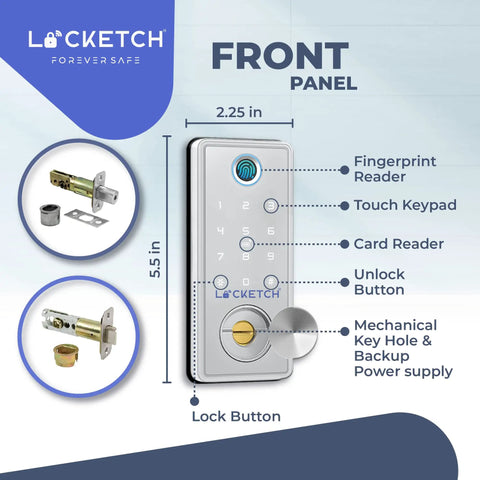 Diagram of the 4 In 1 Smart Door Lock With Wi Fi Keyless Entry Fingerprint Scanner Keypad And Remote App Access Easy Direct Fit Installation.