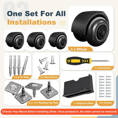 Hard Core 2 Inch Swivel Caster Wheels Set Of 4 Built For Heavy Lifting With Smoother Than Glass Rolling Performance Featuring tools and installation parts.