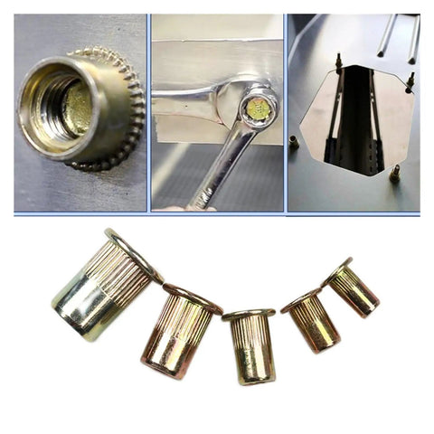 Sturdy Flat Head Threaded Insert Rivet Nuts Made From Zinc Plated Carbon Steel for strong metal working, showing knurled grip design.