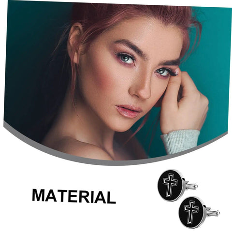 Cross Cufflinks For Men In Polished Titanium Steel With Black Finish next to woman's portrait on green background