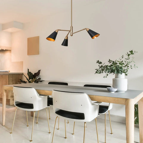 Dining room with Three Light Modern Black And Gold Chandelier With Copper Brass Finish Dope Hanging Metal Fixture.