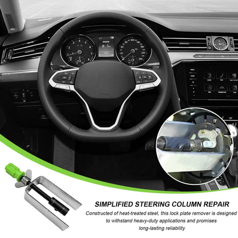 Dashboard view and Steering Wheel Lock Plate Remover And Compressor Puller Tool with reversible adapter for vehicles.