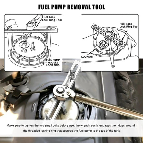 Adjustable Fuel Pump Lock Ring Tool For Easy Removal And Installation, Universal Alloy Steel Spanner in use with diagrams