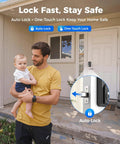 Smart Deadbolt Keyless Entry Door Lock Boasting AI Powered Fingerprint Recognition That Slips in Under Half A Second plus Bluetooth App Integration and Keypad Backup Provide Gnarly Convenience and Secure Peace of Mind in Slick Black displayed on home entrance with a parent holding a baby.